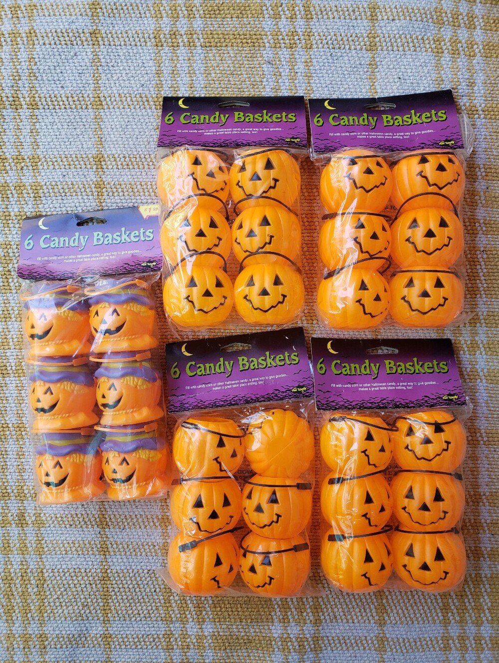 VTG Fun World Halloween Candy Baskets Lot 5 Sealed Blow Mold Pumpkin NOS BONUS